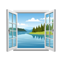 Fototapeta premium Open window overlooking a serene lake surrounded by forests and mountains