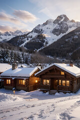 Two wooden chalets covered in snow, nestled in a mountainous winter landscape with a cloudy sky.