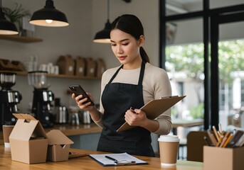 Asian barista checking orders, using phone, holding clipboard, coffee shop interior, packaging, drinks, lifestyle, coffee.