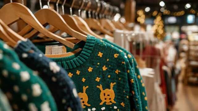 Cozy knitwear display of colorful winter sweaters in festive retail shop