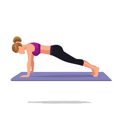 Woman doing plank pose on yoga mat, vector illustration for workout guides