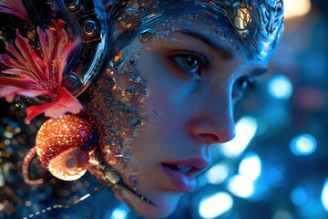 Surreal female figure merging with liquid chrome and mechanical coral in zero gravity