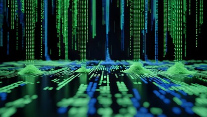 Abstract Data Stream Visualization: Green and Blue Digital Rain on Black Background