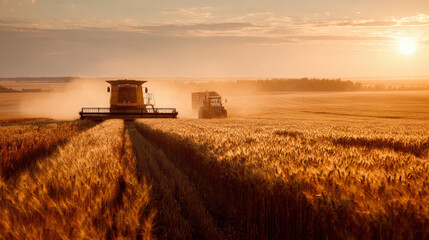 Fototapeta premium Combine harvester and tractor working in wheat field at dusk with golden dust