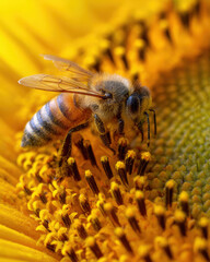 Fototapeta premium Close-up macro of a bee pollinating a vibrant yellow sunflower with visible pollen grains