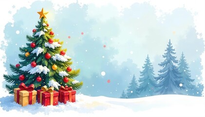 Obraz premium Watercolor Christmas tree, gifts, white background Copy space , card, winter background