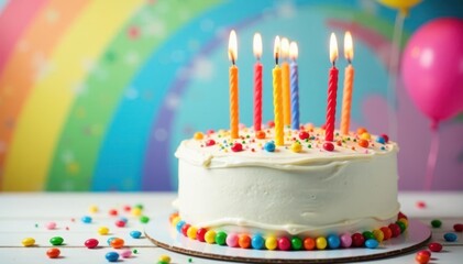 White birthday cake with colorful candles, rainbow balloons, sprinkles, and candies , balloons, rainbow