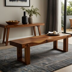 A rustic and spacious living or dining area is presented, featuring a long, solid wooden console table against a light-colored wall. On the table, a dark vase with green foliage adds a natural touch. 