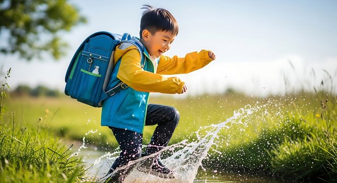 Joyful Schoolboy Splashing Through Puddle with Backpack, Sunny Day
