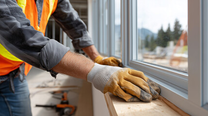 Construction Worker Installing Sliding Window in New Home