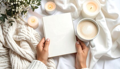 Hands holding a blank book, latte, candles, and cozy sweater