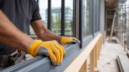 Construction Worker Installing Sliding Window in New Home
