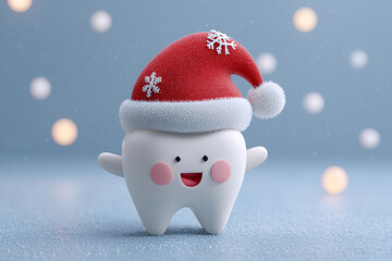 3d tooth model wearing a santa hat with snowflakes in a festive holiday scene