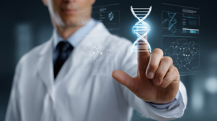 Doctor Interacting with DNA Icon on Digital Interface