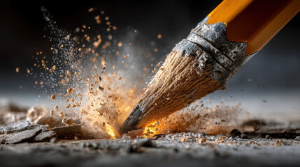 Giant pencil breaking through concrete wall with flying debris and dramatic lighting
