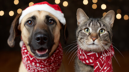 Dog in Santa Hat and Cat in Holiday Scarf Portrait