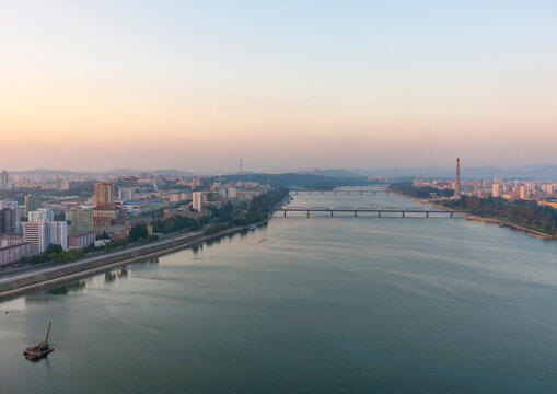 City skyline and Taedong river, DGC, Pyongyang, North Korea