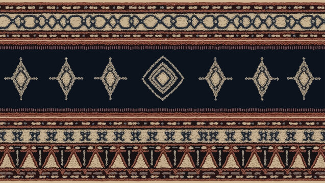 Filipino folk art yakan cloth seam vector, Traditional textile pattern with intricate geometric design featuring brown, blue and tan colors creating a seamless border