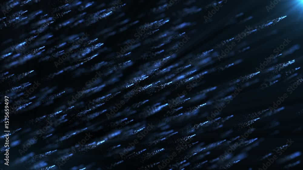 Poster abstract blue particles streaking diagonally across a dark background, creating a futuristic high-te
