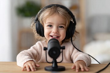 happy toddler girl with headphones and microphone sitting at desk indoors