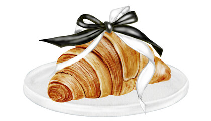 Croissant watercolor illustration. Hand drawn fresh french bun with a bow. Food clip art. Ideal for bakery prints, postcards and pastry shop posters.