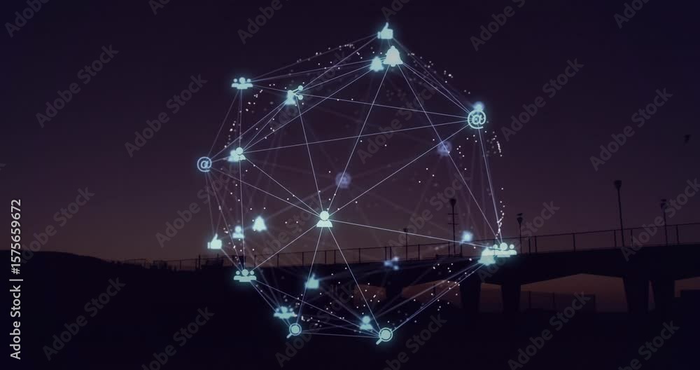 Poster fading into view at first second, wireframe sphere pulsing icons, rotating, showing digital network