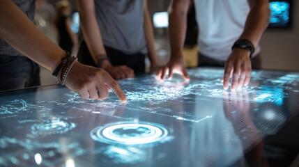Startup team collaborating around futuristic touchscreen table with holographic display