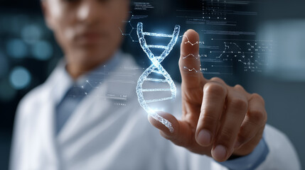Doctor Using Digital Interface with DNA Symbol