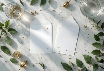 Elegant White Envelopes with Gold Stars on Marble Background. A high-quality, flat lay image showcasing two white envelopes with subtle gold star embellishments.