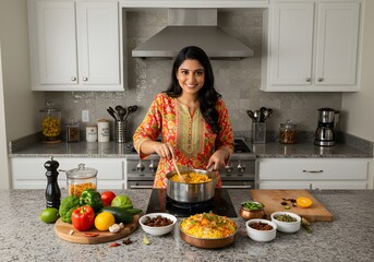 Smiling woman cooking Indian food in modern kitchen with various fresh ingredients, Biryani.