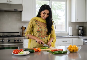 Woman in Indian Outfit Chopping Vegetables in Modern Kitchen - Healthy Cooking Lifestyle.