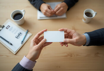 Business Card Exchange in a Professional Setting. Two people in business attire are exchanging a blank business card at a wooden office desk.