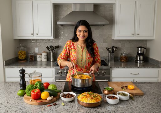 Smiling woman cooking Indian food in modern kitchen with various fresh ingredients, Biryani. - Powered by Adobe