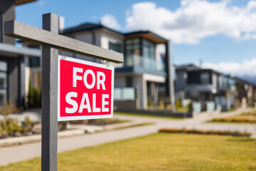 For sale sign mockup on green suburban lawn with modern house and clear blue sky