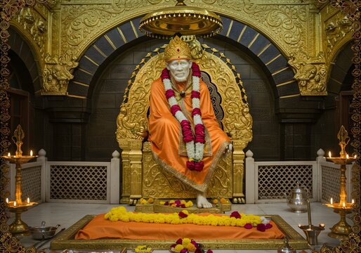 Sai Baba Statue in Temple with Golden Architecture, Candles, and Garland.
