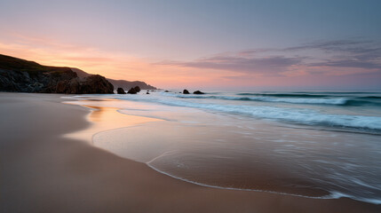 Long Exposure of Serene Sandy Beach at Sunset
