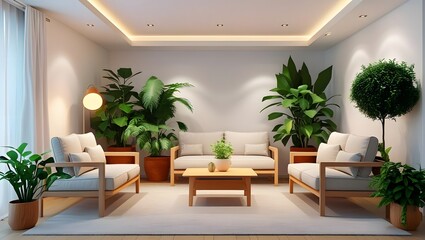Elegant interior design featuring minimalist furniture and lush indoor plants