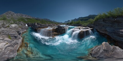 Breathtaking waterfalls 360 degrees hdr panorama in nature's serenity mountainous environment