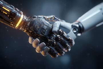 Ai robot and human shaking hands symbolizing technology and business integration