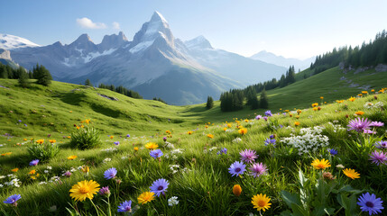 Swiss Flowering Meadow with Alpine Mountain Backdrop under Soft Sunlight
