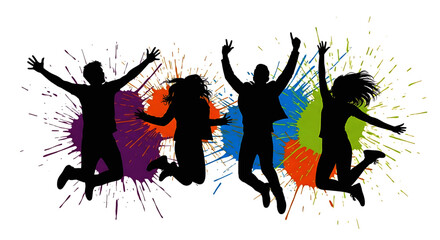 Joyful Silhouettes: Four People Jumping with Colorful Splatter Background