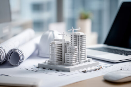 Modern architectural model of a residential complex on office desk for planning