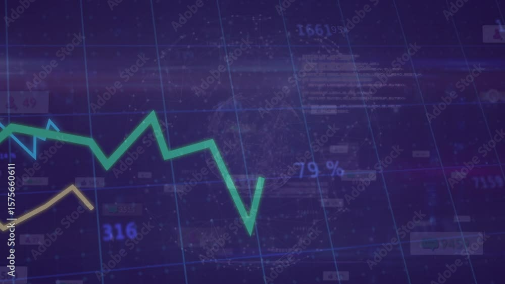 Poster numeric flickering starting green line spiking on grid blue yellow lines showing shifting metrics