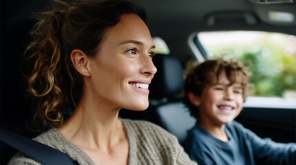 Happy Mother Driving Car with Laughing Son