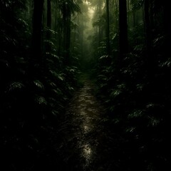 Fototapeta premium Mysterious rainforest path with lush green foliage and moody light, adventure and exploration in dense tropical jungle, natural wilderness background