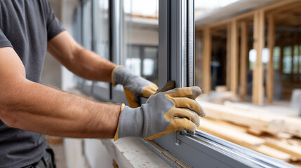Window Installation by Gloved Worker in Residential Project