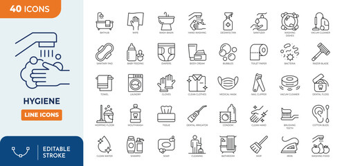 Hygiene line editable icon set. Containing cleaning, soap, disinfection, bathing, sweep, shower, washing hands, clean, sanitation, and more. Editable stroke. Vector illustration