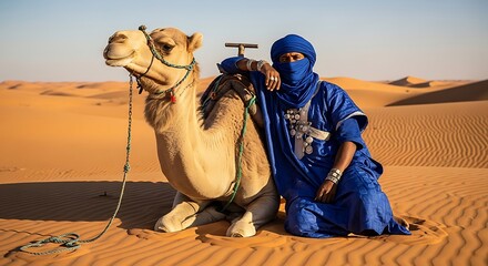 A Bedouin man in a vibrant blue robe sits beside a camel in the Sahara Desert.
