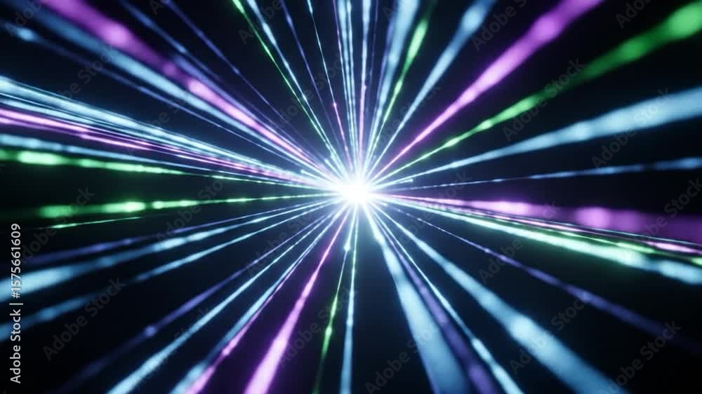 Poster hyperspace jump: colorful light streaks converging to a central point in a dark void