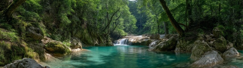 Captivating 360 degrees hdr panoramic view of serene nature waterfall in lush forest